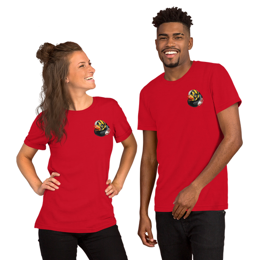 Woman and man wearing Maryland BMORE DUCKS! logo on red t-shirts