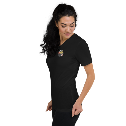 woman wearing black v neck t shirt with Maryland BMORE DUCKS! logo on left chest