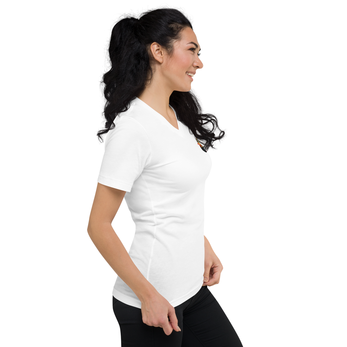 woman wearing white v neck t shirt with Maryland BMORE DUCKS! logo on left chest