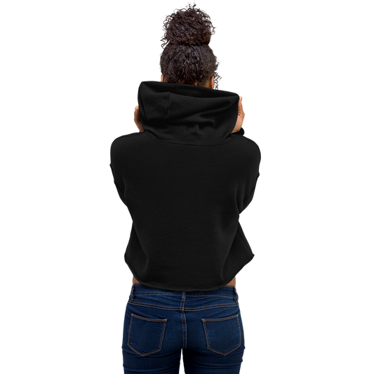 back of woman wearing black cropped hoodie