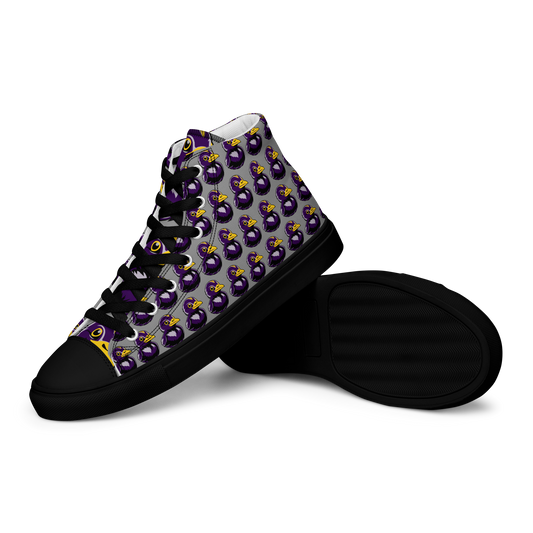 front side view of pair of women's BMORE DUCKS! football fan high top canvas shoes with black sole
