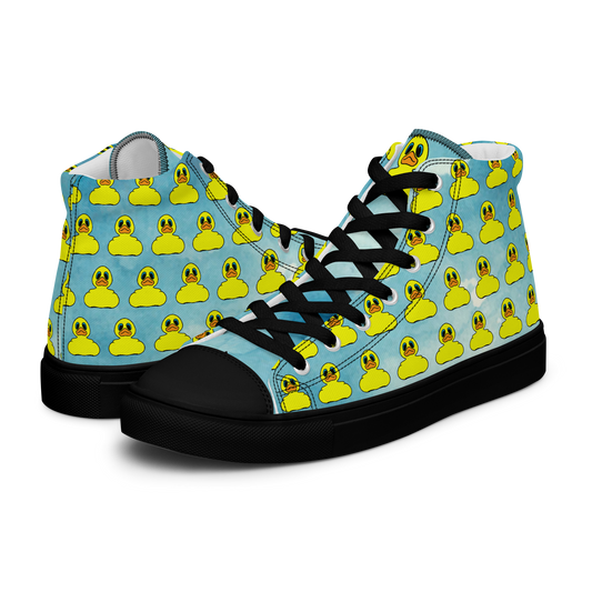front angled view of women's high top canvas shoes featuring classic BMORE DUCKS! yellow rubber duck logo patterned over clouds with black sole