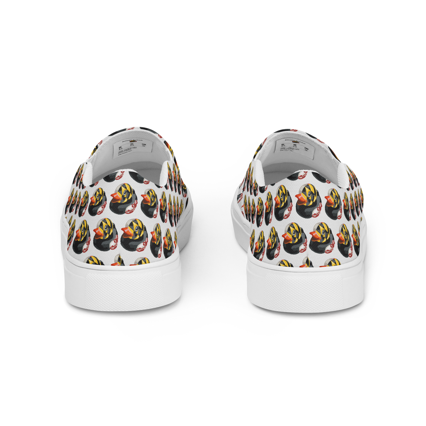 heel view left and right Maryland BMORE DUCKS womens canvas slip on white sole shoes