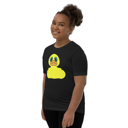Girl wearing a black t shirt with Classic BMORE DUCKS! yellow rubber duck logo