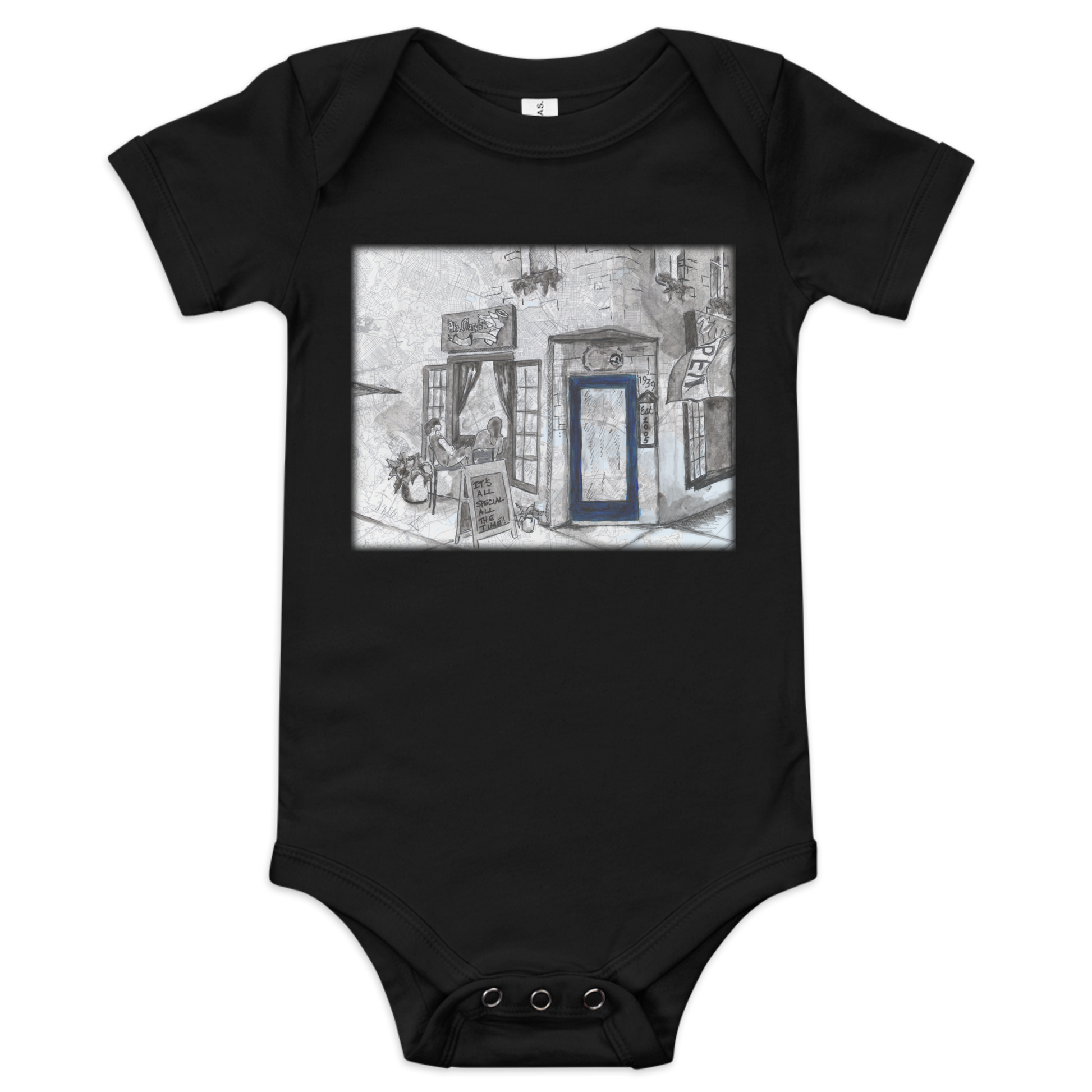 Picture of a black baby onesie with a printed image on it of a watercolor painting of Baltimore's Ale Mary's painted on a map of the city