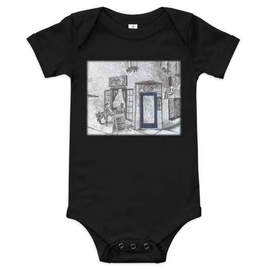 Picture of a black baby onesie with a printed image on it of a watercolor painting of Baltimore's Ale Mary's painted on a map of the city