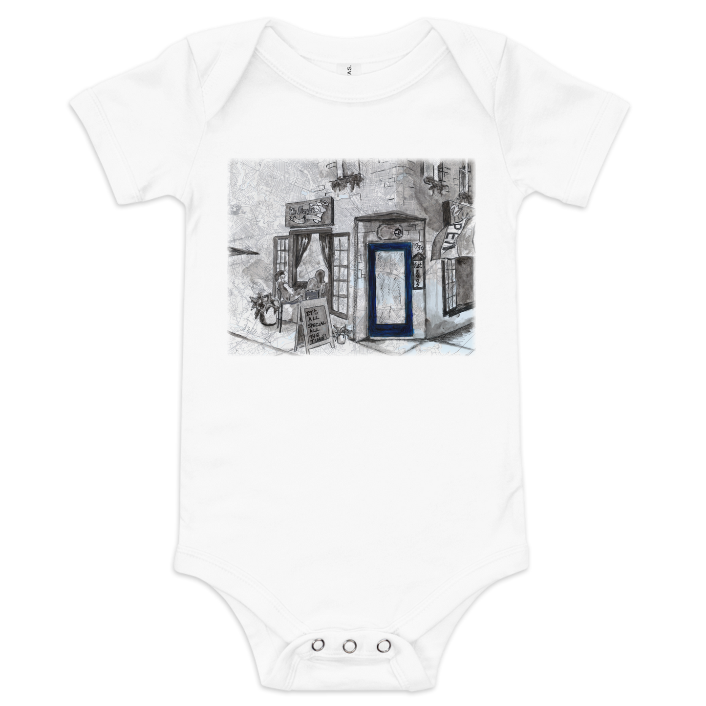 Picture of a white baby onesie with a printed image on it of a watercolor painting of Baltimore's Ale Mary's painted on a map of the city