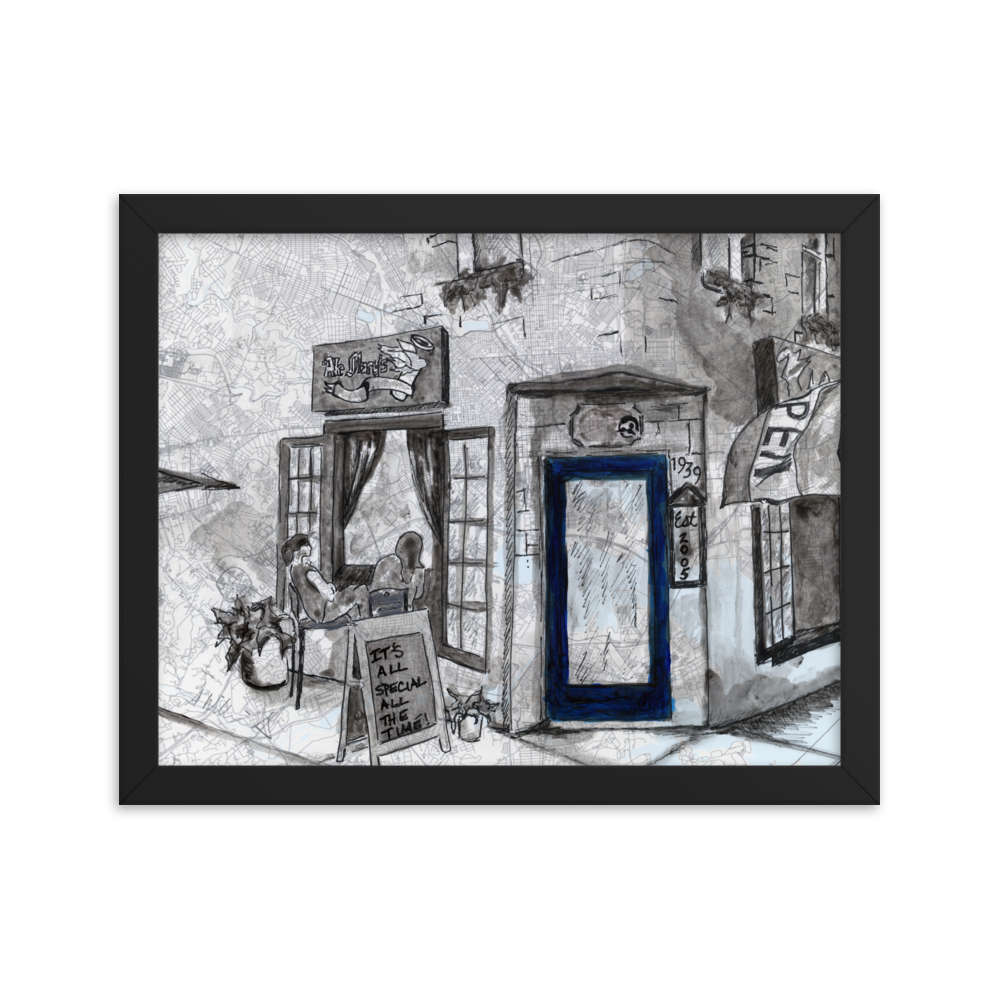 Picture of a 11x14  fine art print of Baltimore's Ale Mary's bar painted in watercolor on a map of the city, framed in a black wood frame