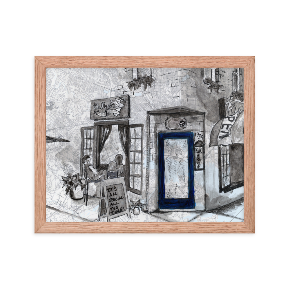 Picture of a 11x14  fine art print of Baltimore's Ale Mary's bar painted in watercolor on a map of the city, framed in a red oak wood frame