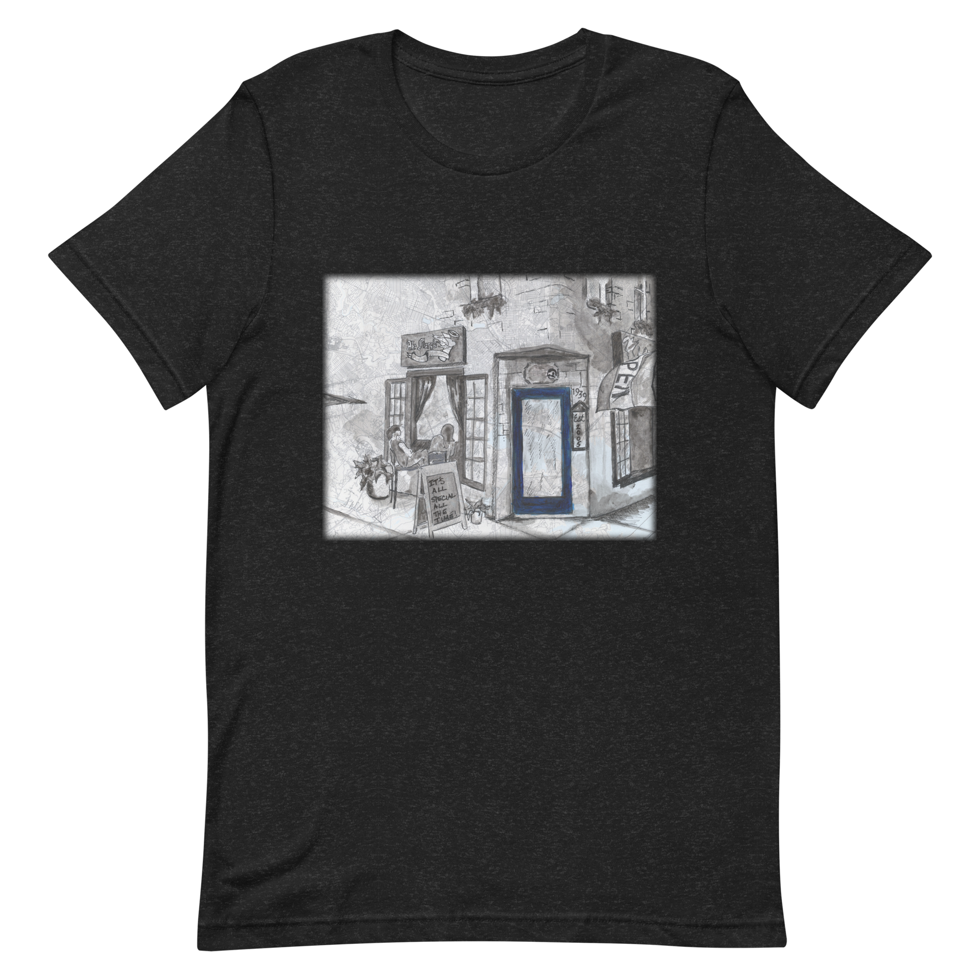 Picture of a  black heather t-shirt with a printed image of a watercolor painting of Baltimore's Ale Mary's painted on a map of the city