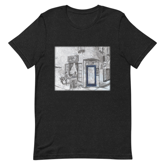 Picture of a  black heather t-shirt with a printed image of a watercolor painting of Baltimore's Ale Mary's painted on a map of the city