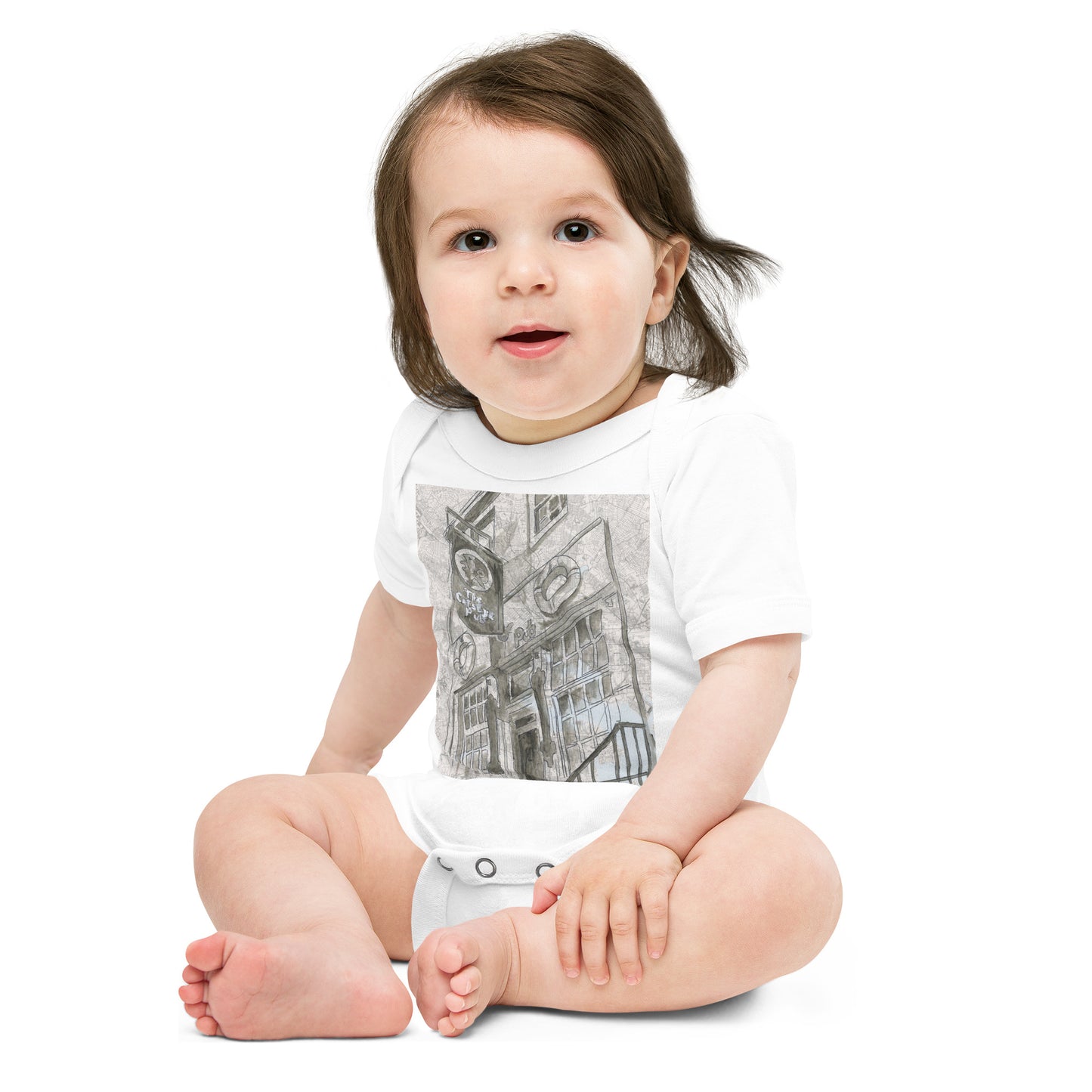 Baby wearing Cat's Eye Pub Onesie in white