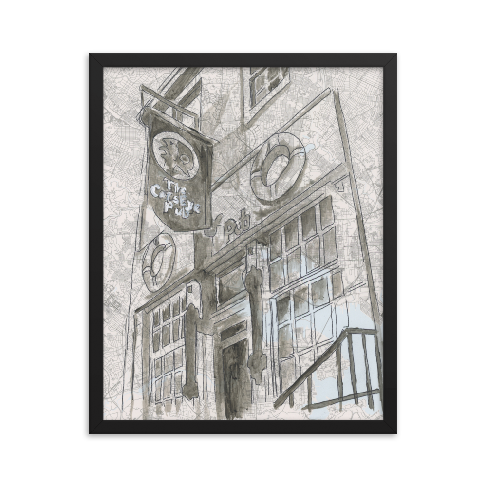 16x20 Fine Art print of watercolor of Cats Eye Pub in a black frame