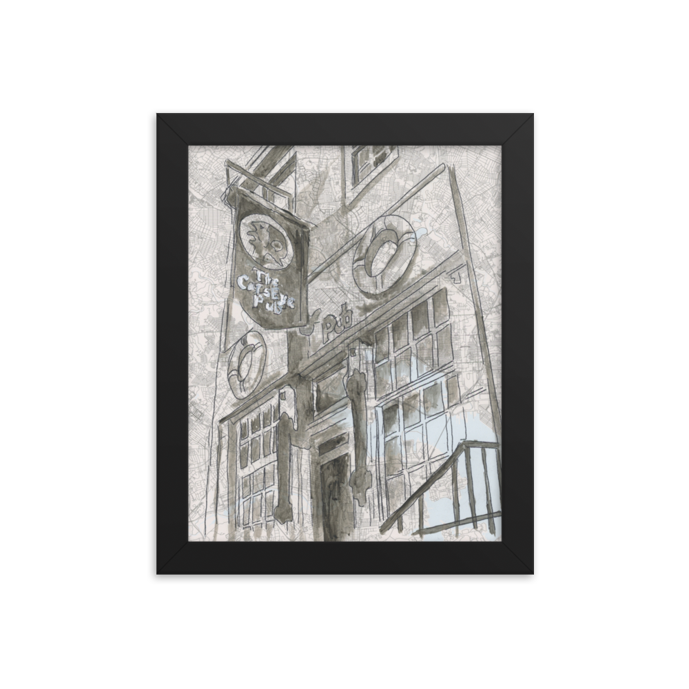 810 Fine Art print of watercolor of Cats Eye Pub in a black frame