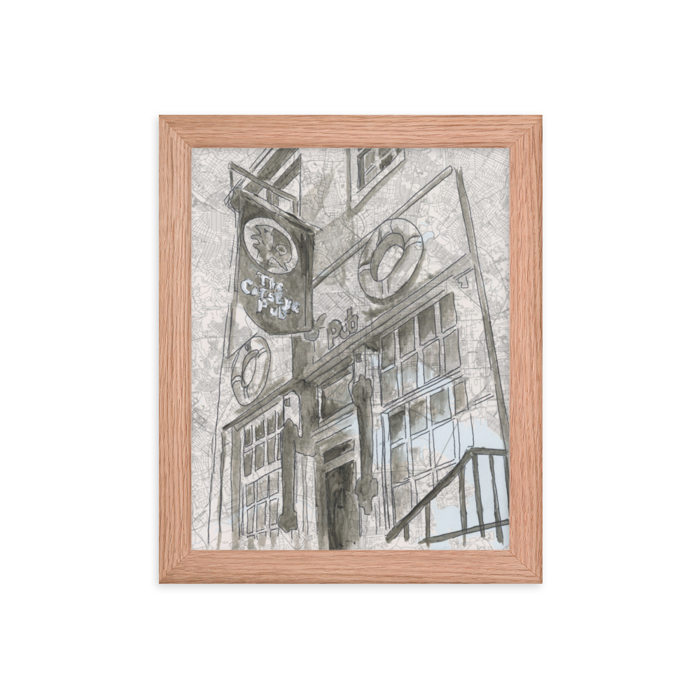 8x10 Fine Art print of watercolor of Cats Eye Pub in a red oak frame