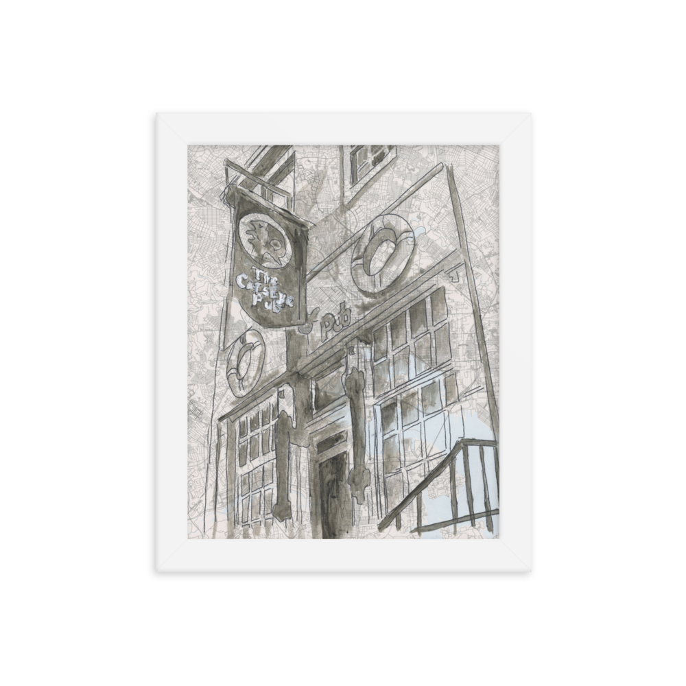 8x10 Fine Art print of watercolor of Cats Eye Pub in a white frame