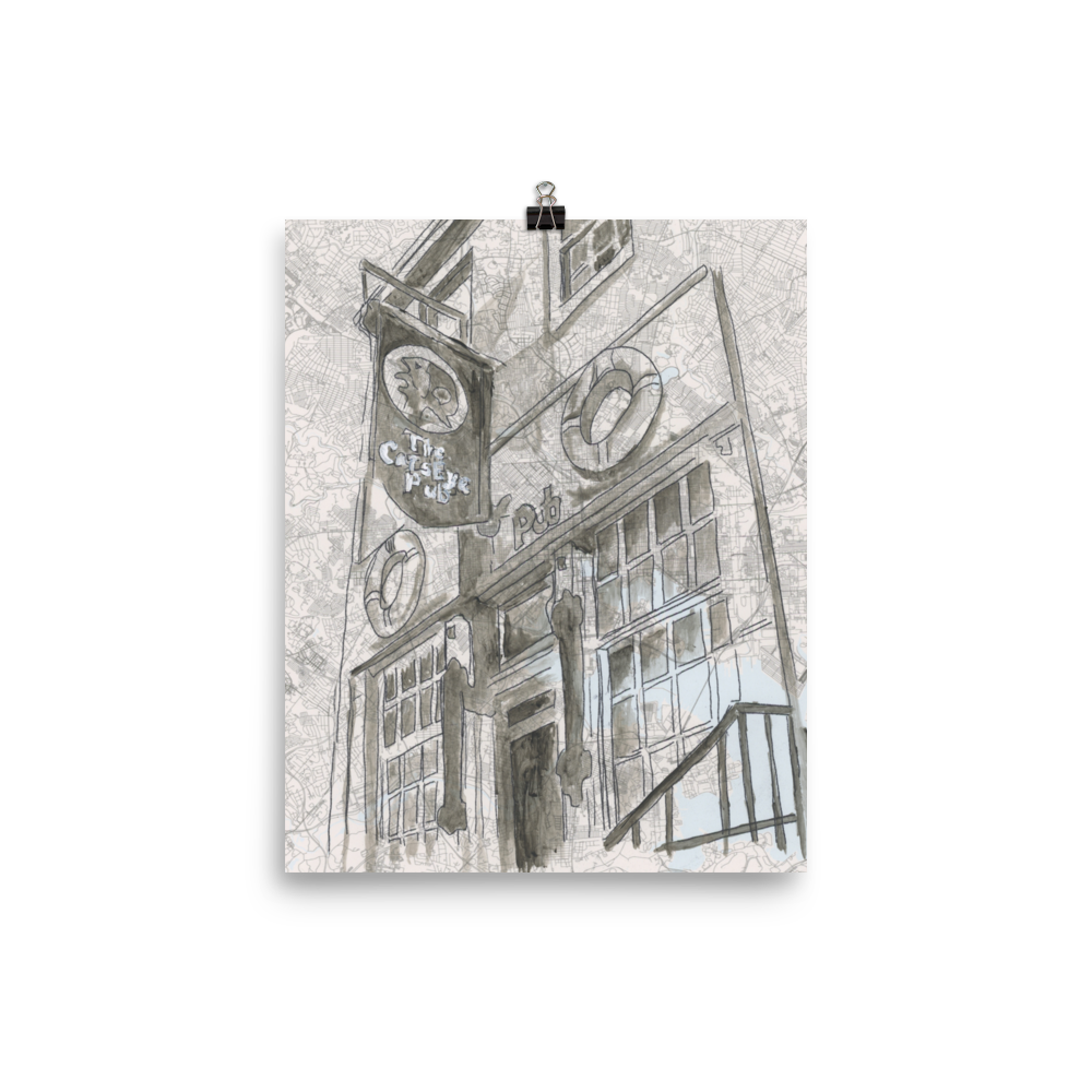 8x10 Fine Art print of a watercolor painting of the Cat's Eye Pub