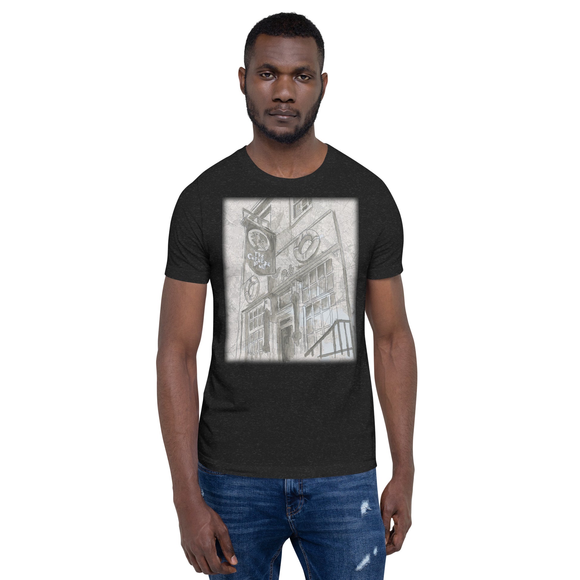 Man wearing a Cats Eye Pub black t-shirt