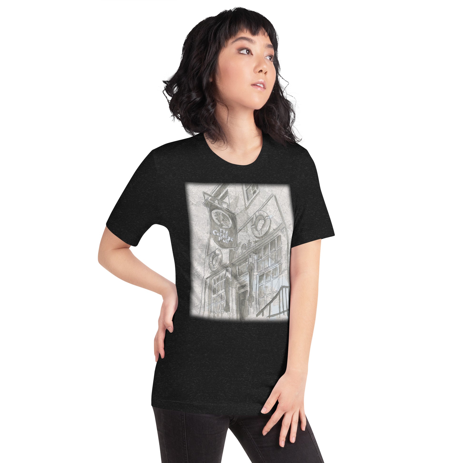 Woman wearing Cats Eye Pub black t-shirt