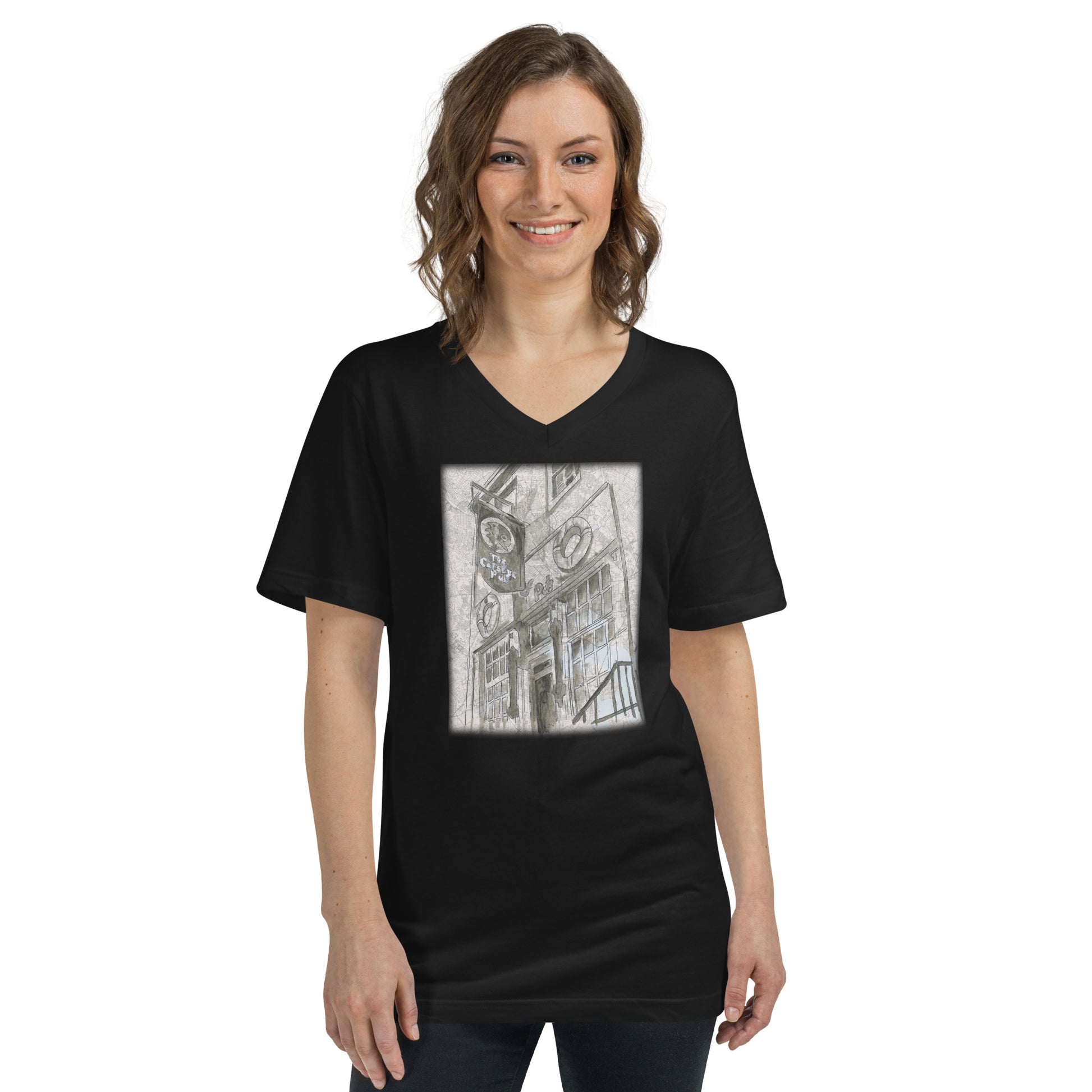 Woman wearing Cats Eye Pub black V neck t-shirt