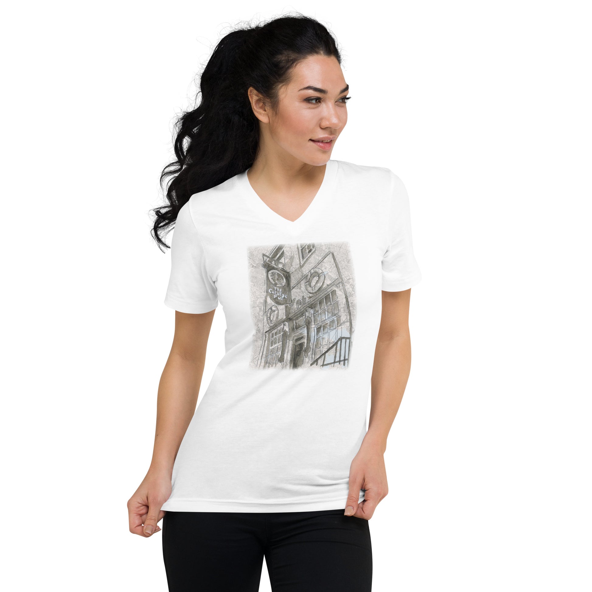 Woman wearing Cats Eye Pub white V neck t-shirt