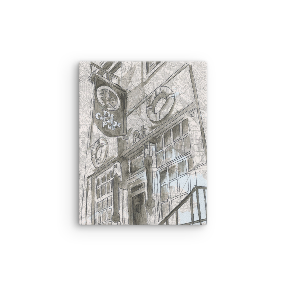 Picture of a 11x14 canvas print of a watercolor painting of Baltimore's Cats Eye pub painted on a map of Baltimore