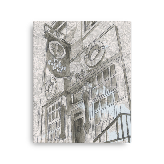 Picture of a 16x20 canvas print of a watercolor painting of Baltimore's Cats Eye pub painted on a map of Baltimore