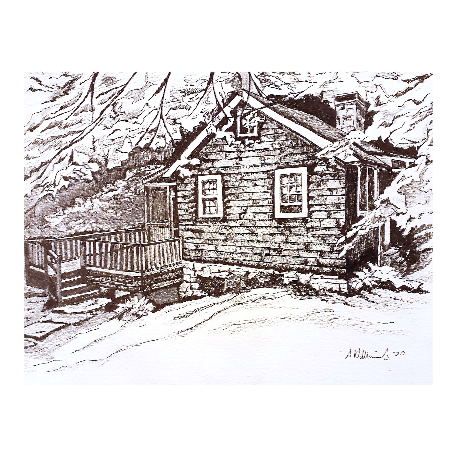 Pen & Ink drawing of cottage in the snowy woods