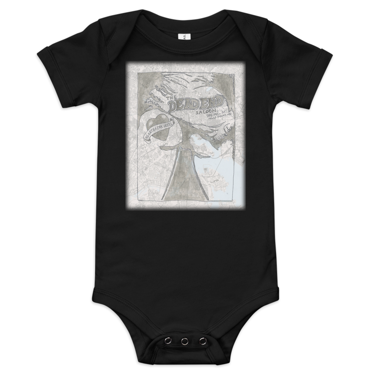 Black Baby Onesie with a painting of the dead end saloon on the front