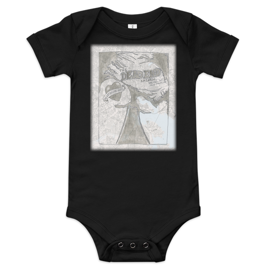 Black Baby Onesie with a painting of the dead end saloon on the front