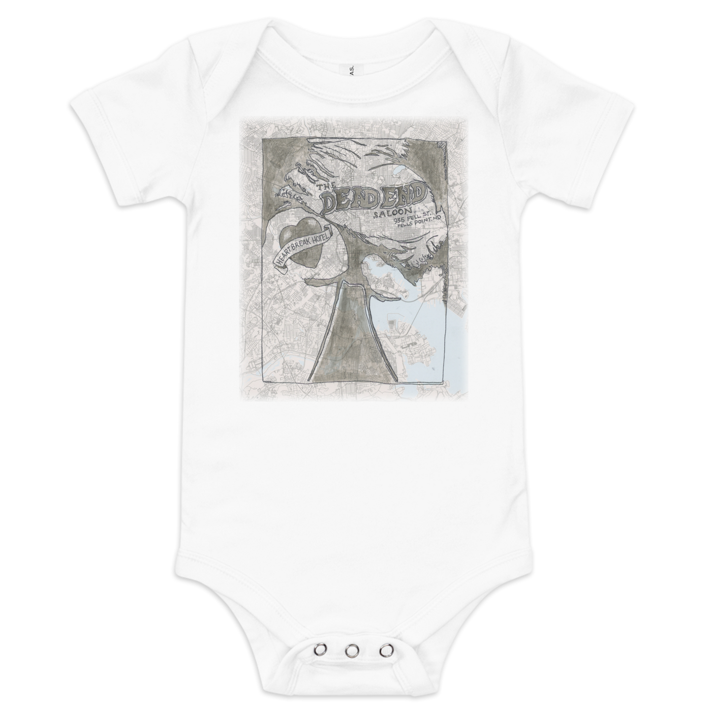 White Baby Onesie with a painting of the dead end saloon on the front