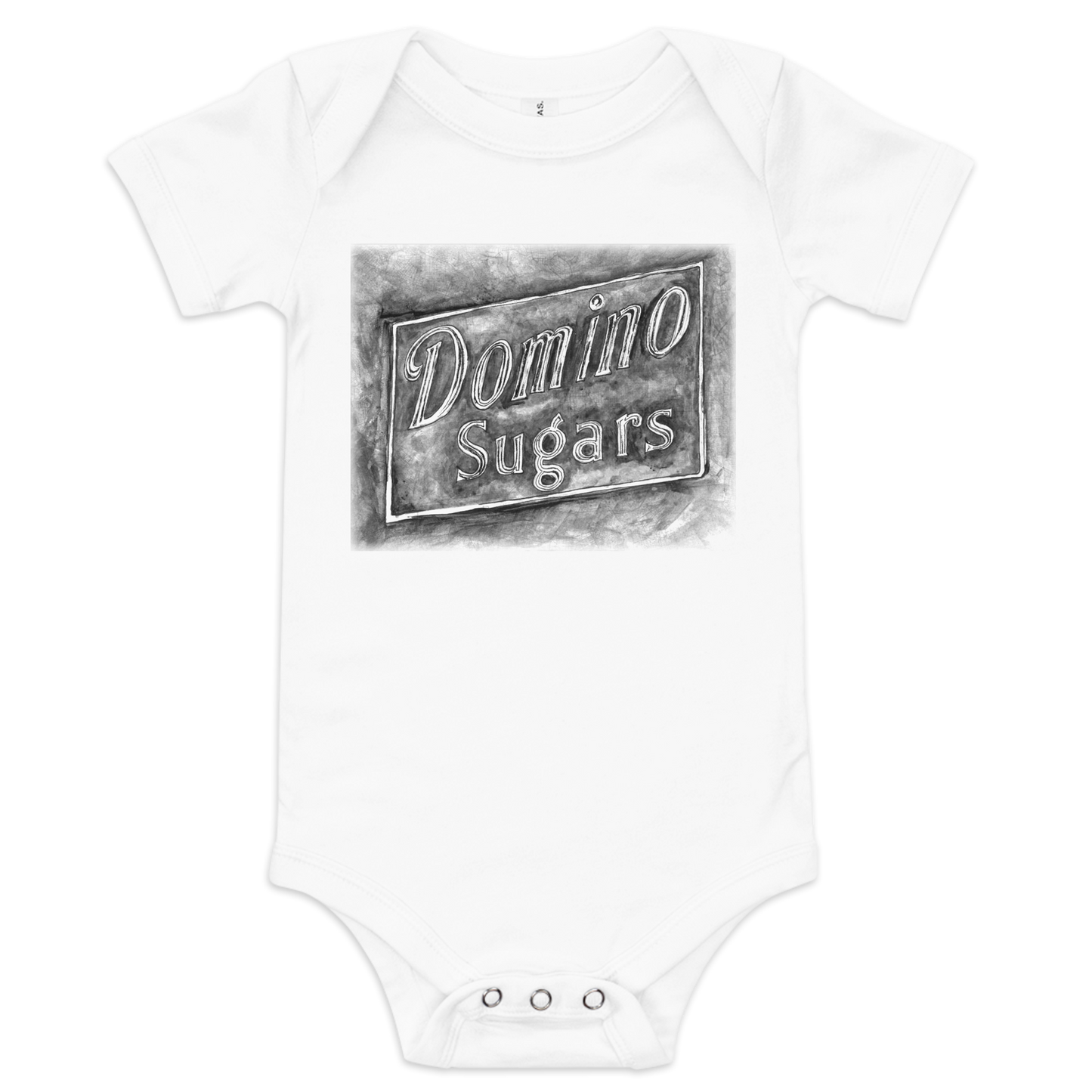 Picture of a white baby onesie with a printed image of a watercolor painting of the Domino Sugars sign painted on a map of Baltimore