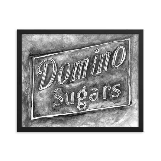 Picture of a 16x20 fine art print of a watercolor painting of the Domino Sugars sign painted on a map of Baltimore, framed in a black frame