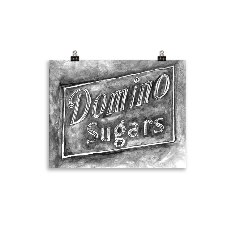 Picture of a 11x14 fine art print of a watercolor painting of the Domino Sugars sign painted on a map of Baltimore