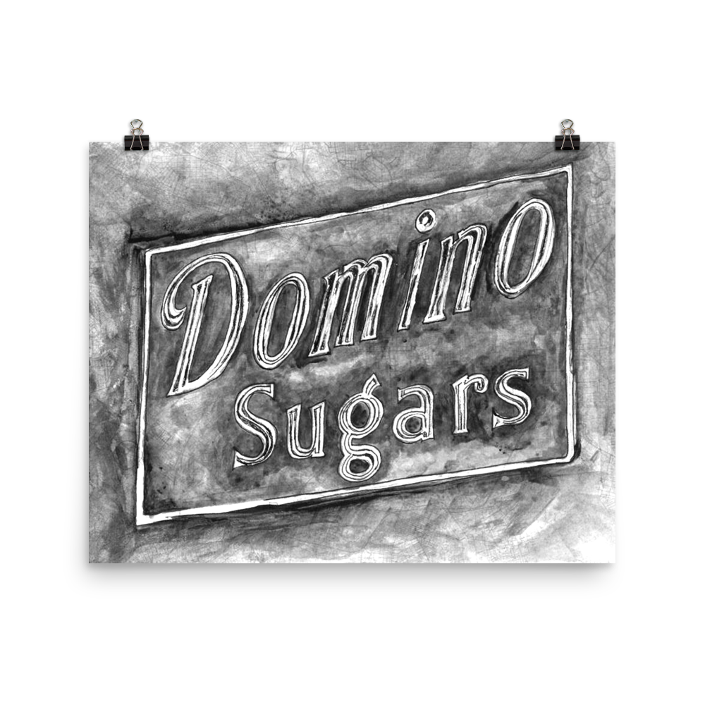 Picture of a 16x20 fine art print of a watercolor painting of the Domino Sugars sign painted on a map of Baltimore