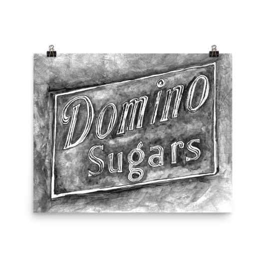 Picture of a 16x20 fine art print of a watercolor painting of the Domino Sugars sign painted on a map of Baltimore