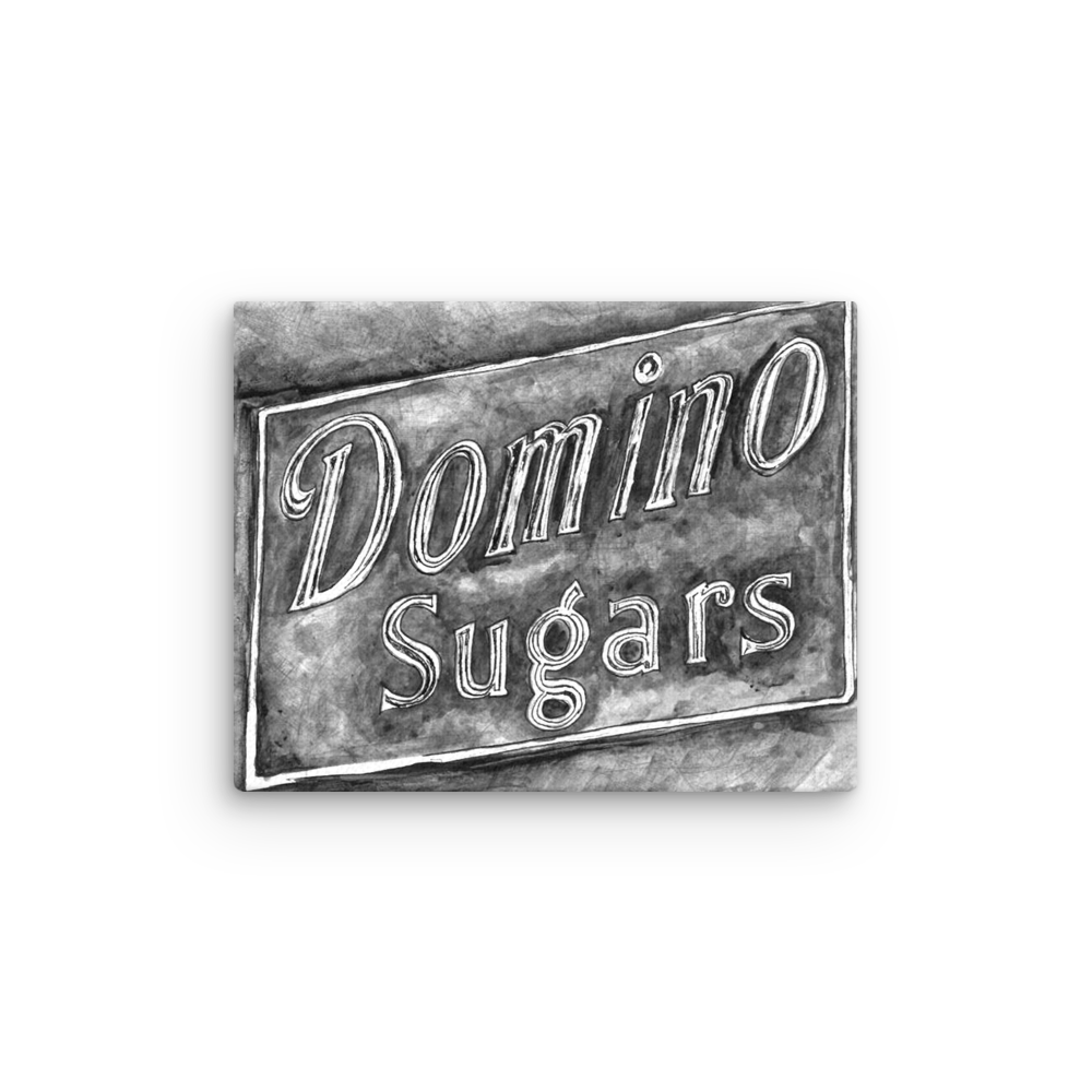 Picture of a 11x14 canvas print of a watercolor of the Domino Sugars sign painted on a map of Baltimore