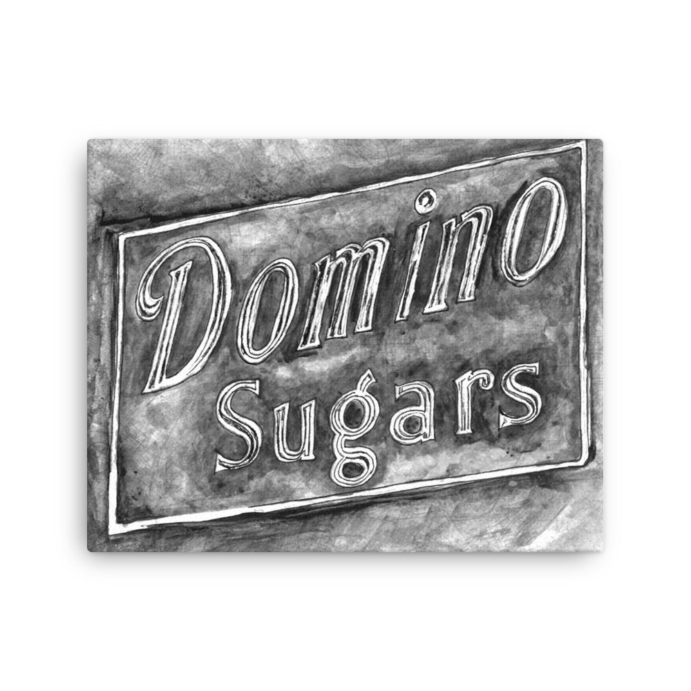 Picture of a 16x20 canvas print of a watercolor of the Domino Sugars sign painted on a map of Baltimore