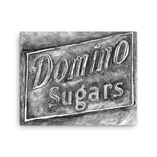 Picture of a 16x20 canvas print of a watercolor of the Domino Sugars sign painted on a map of Baltimore