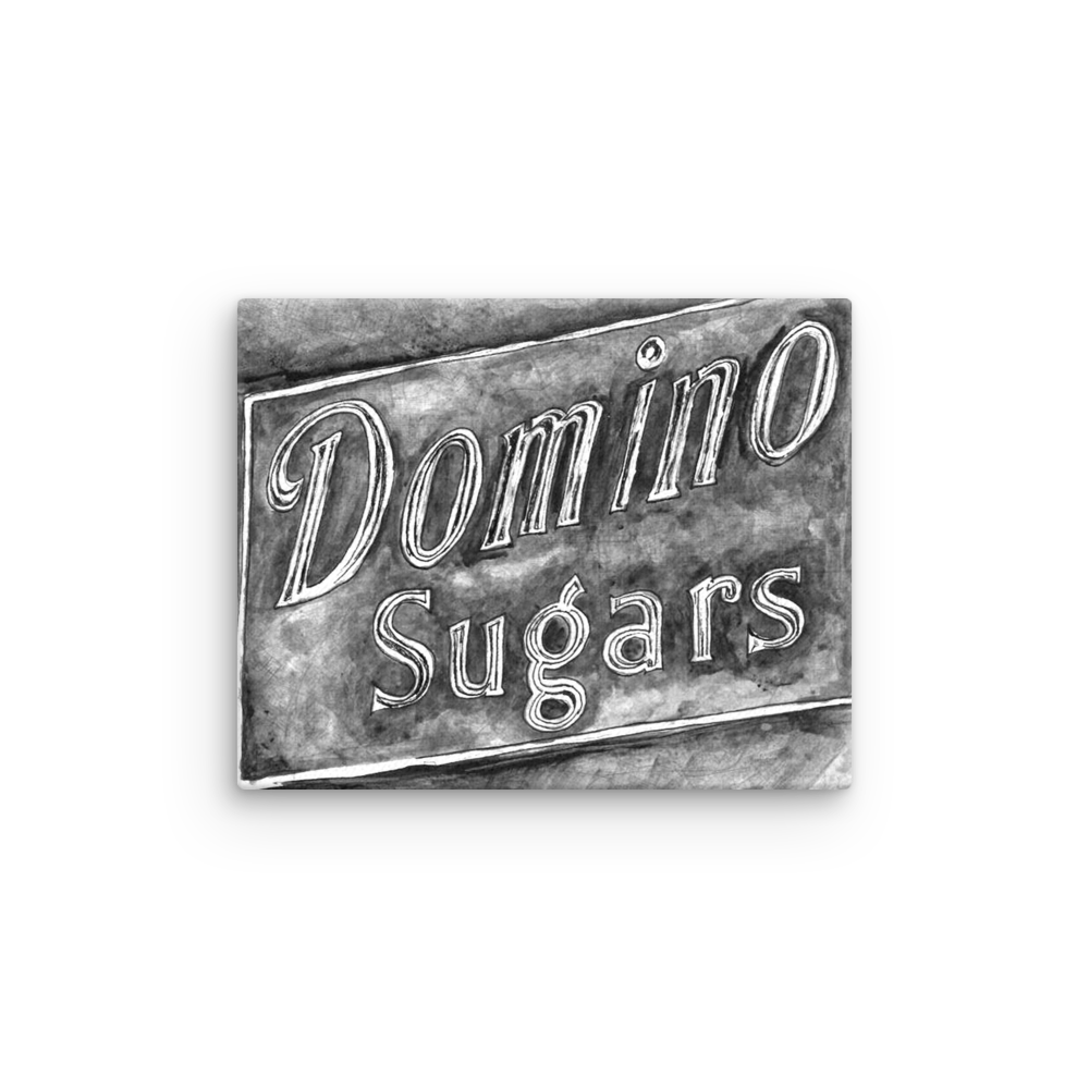 Picture of a 8x10 canvas print of a watercolor of the Domino Sugars sign painted on a map of Baltimore