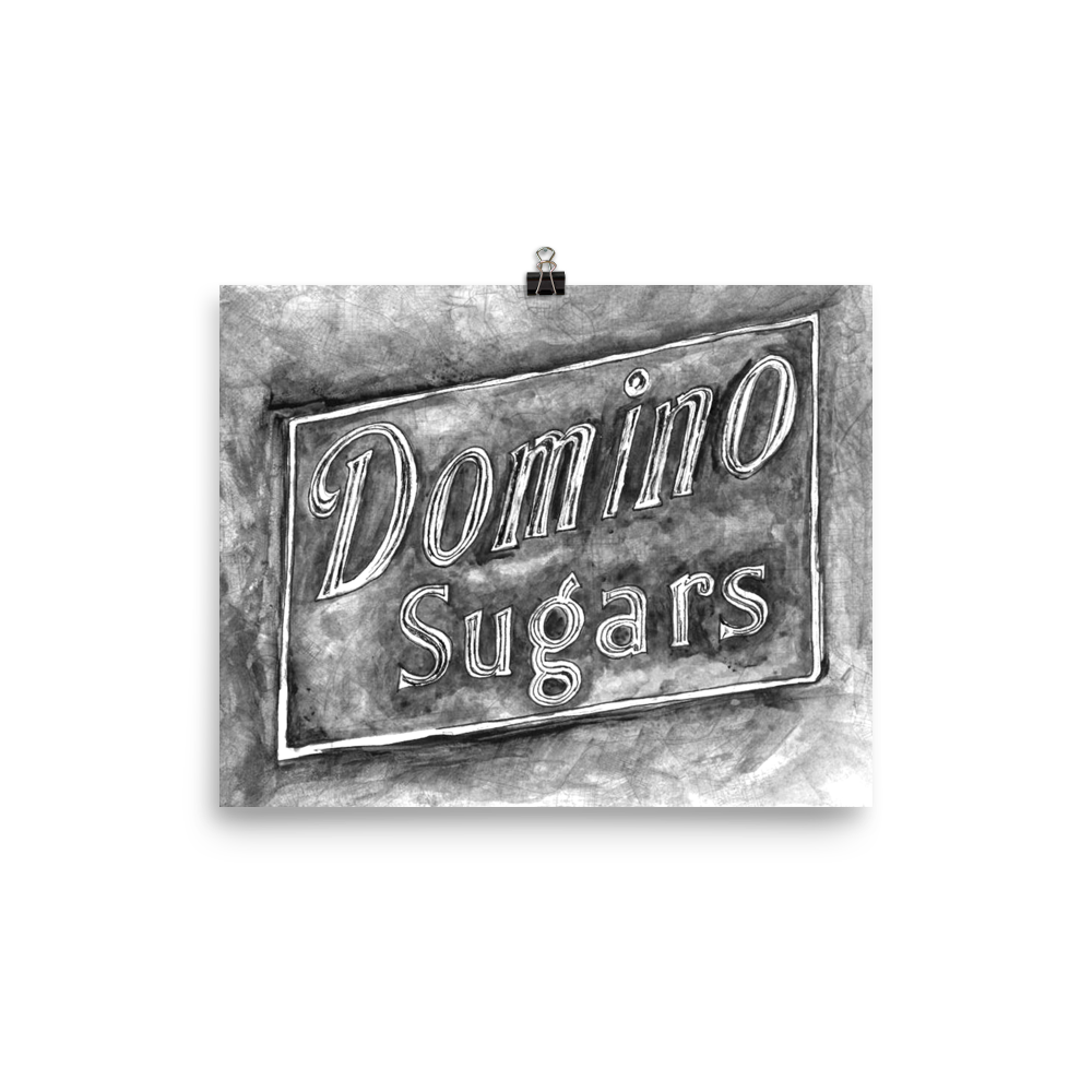 Picture of a 8x10 fine art print of a watercolor painting of the Domino Sugars sign painted on a map of Baltimore