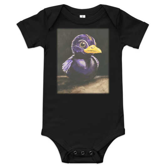 Baby onesie in black with image of painting of a rubber duck in black and purple