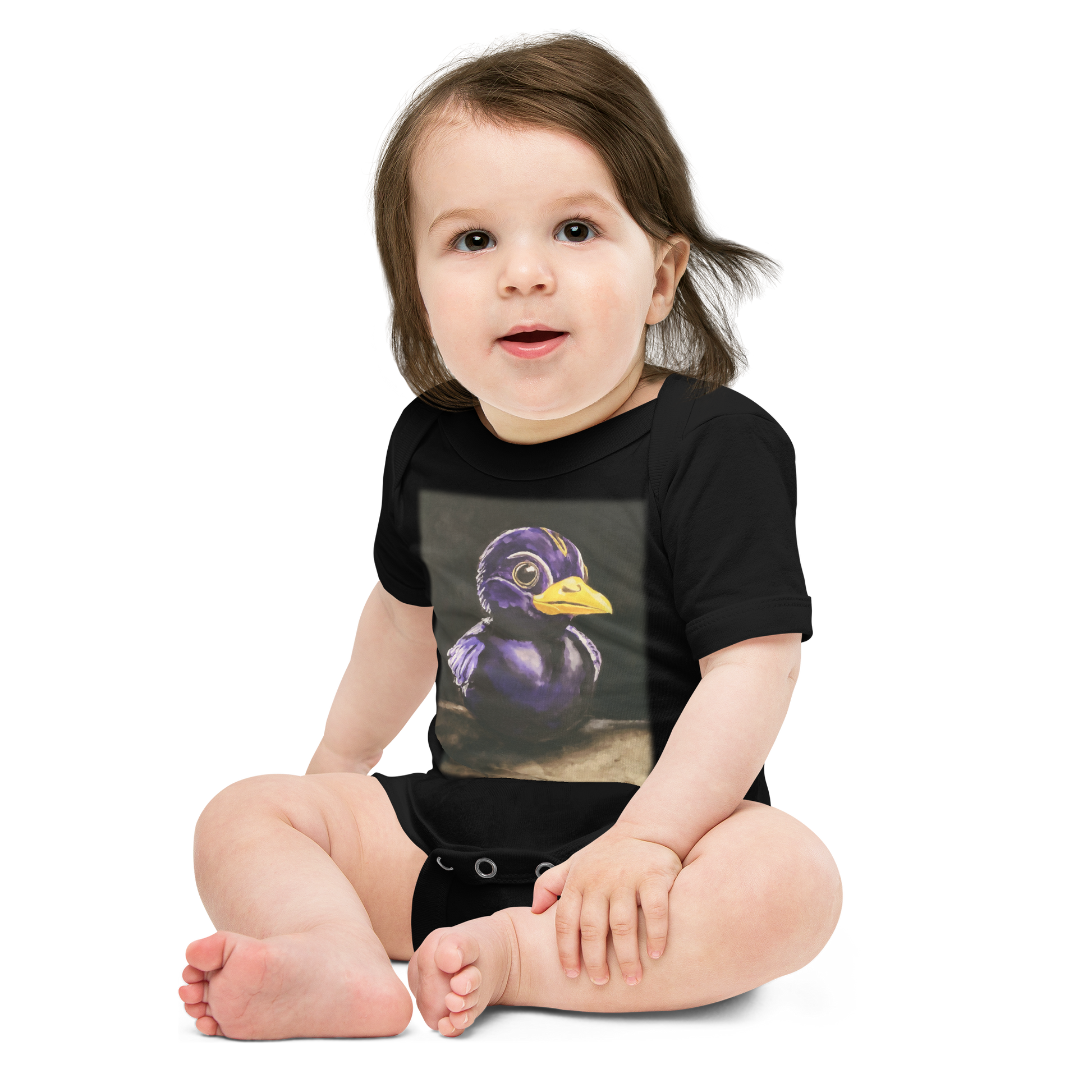 baby wearing a baby onesie in black with image of painting of a rubber duck in black and purple