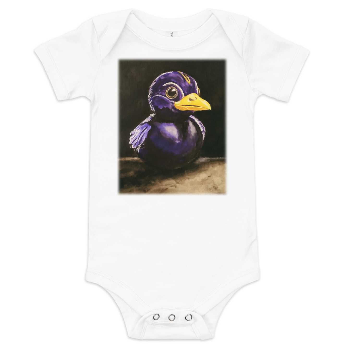 Baby onesie in white with image of painting of a rubber duck in black and purple