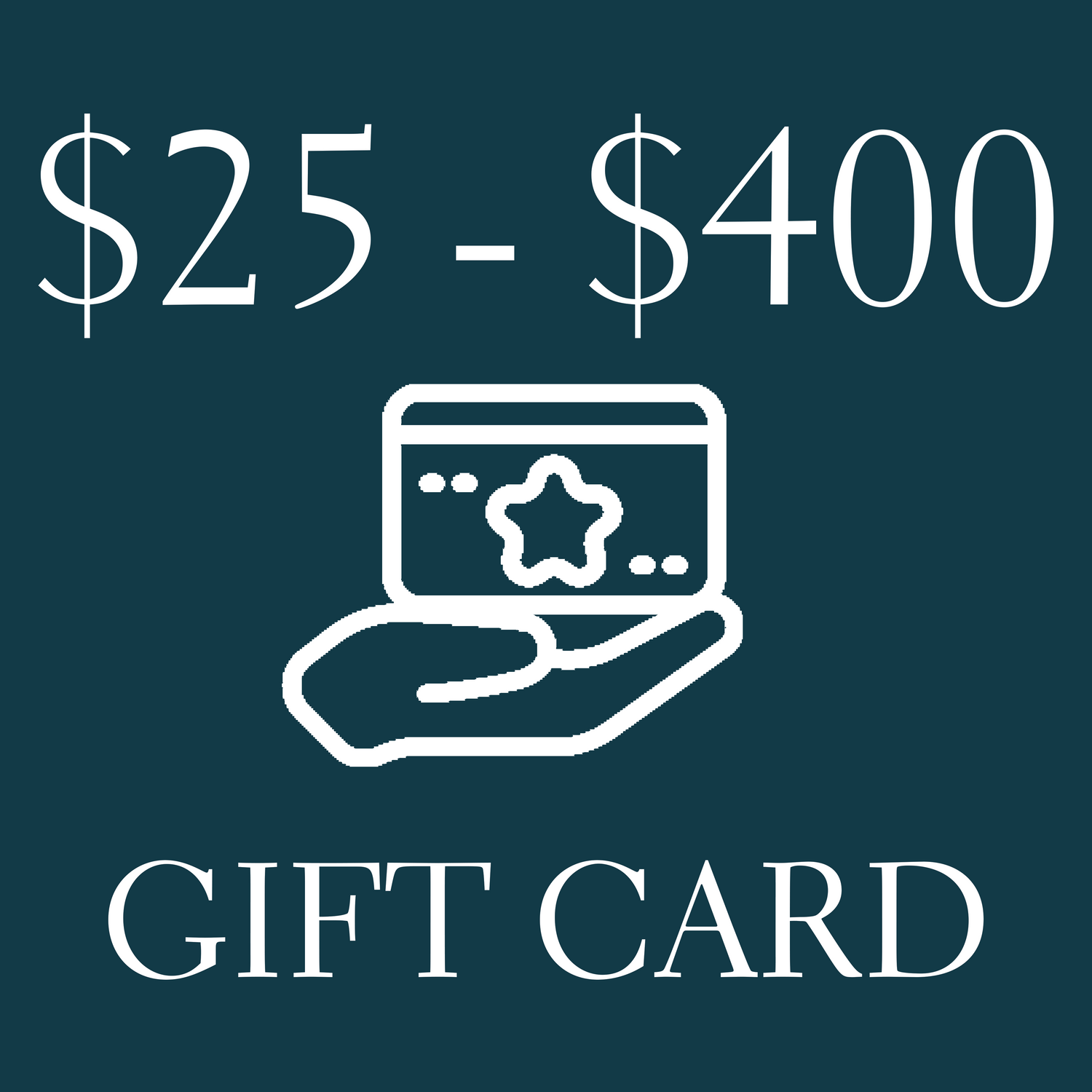 Gift Cards $25 to $400 icon with line drawing of hand holding a card