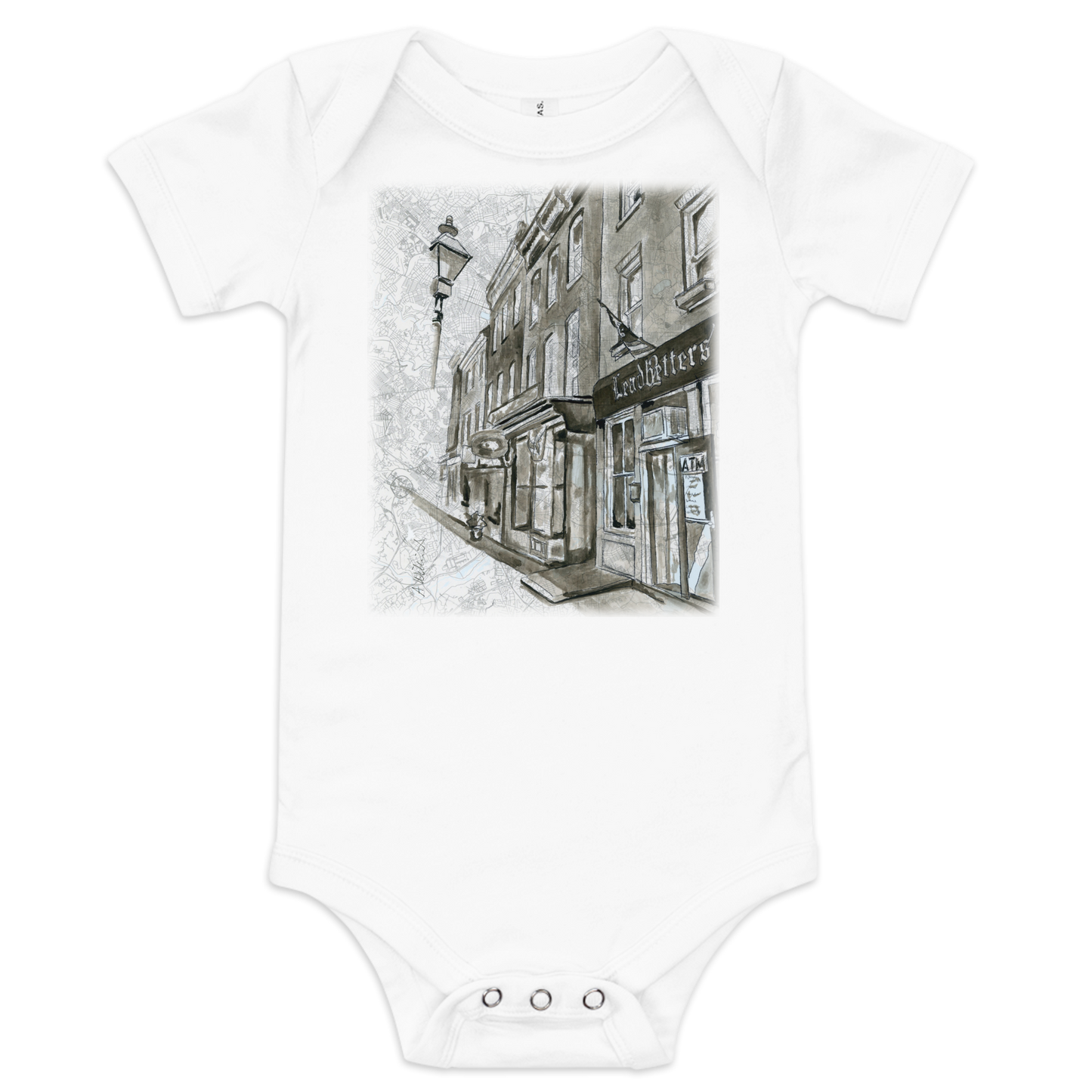 Picture of the front of a white baby onesie with a printed image of a watercolor painting of Baltimore's Leadbetters painted on a map of the city