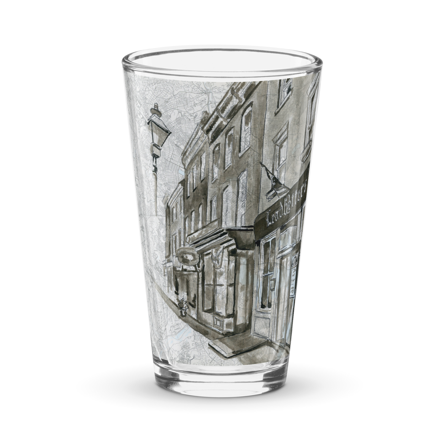 Picture the front of a clear pint glass with a printed image of a watercolor painting of Baltimore's Leadbetters painted on a map of the city