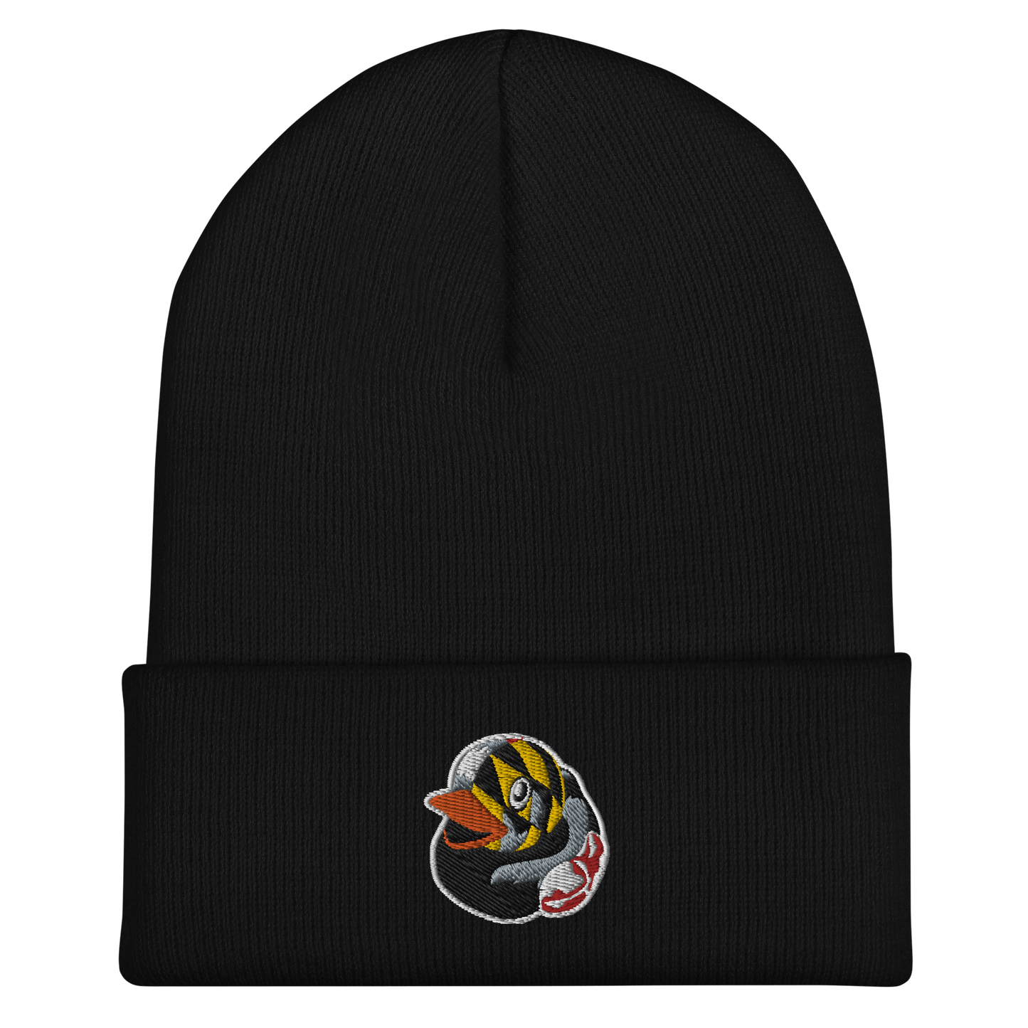 Picture of a black cuffed beanie hat with an embroidered Maryland flag overlay BMORE DUCKS! rubber ducky