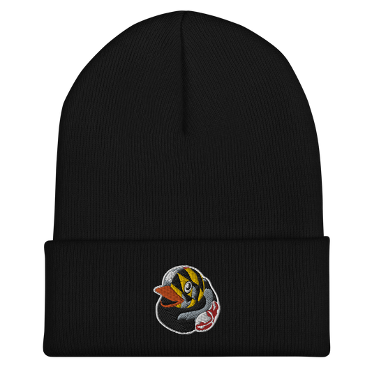 Picture of a black cuffed beanie hat with an embroidered Maryland flag overlay BMORE DUCKS! rubber ducky