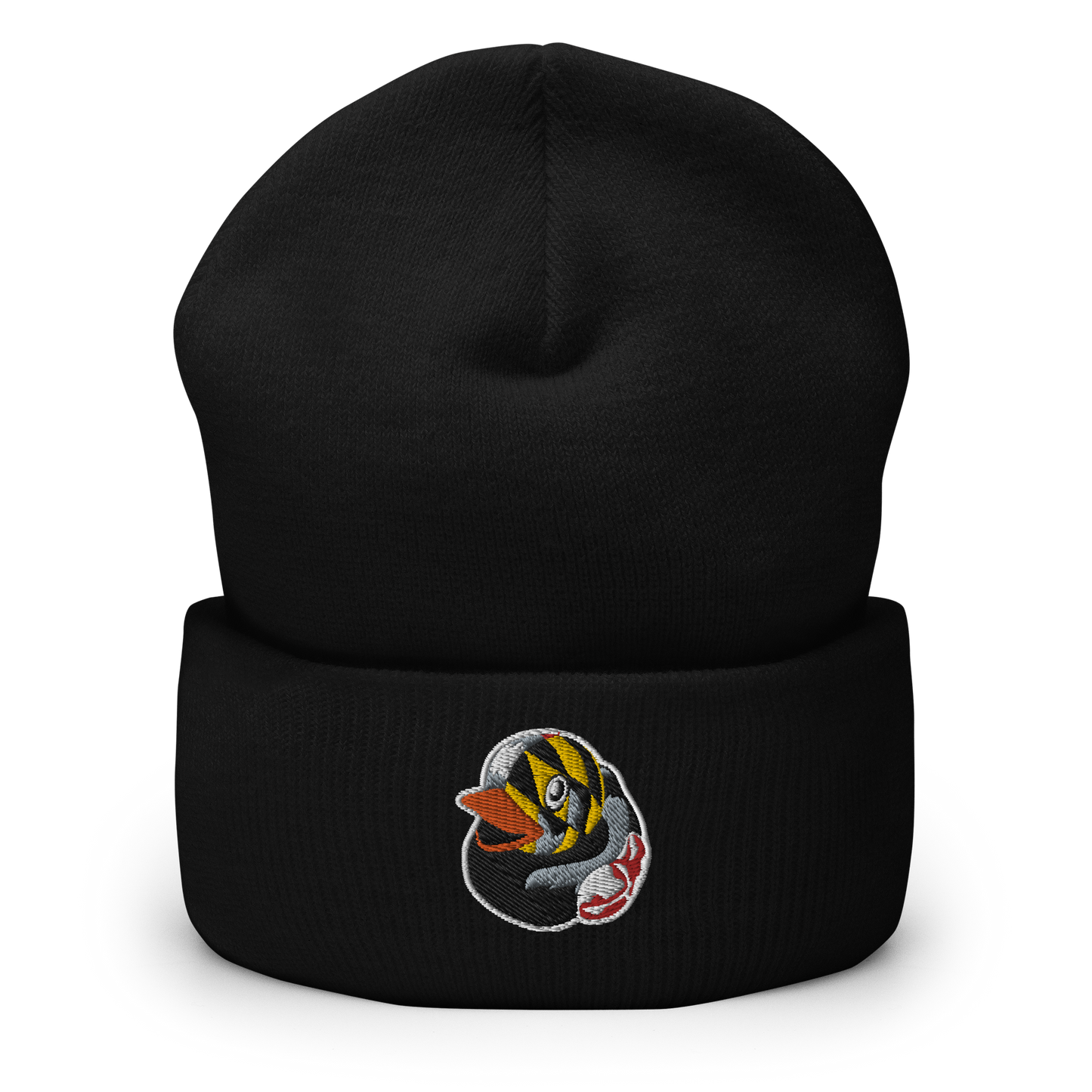 Picture of a black cuffed beanie hat with an embroidered Maryland flag overlay BMORE DUCKS! rubber ducky